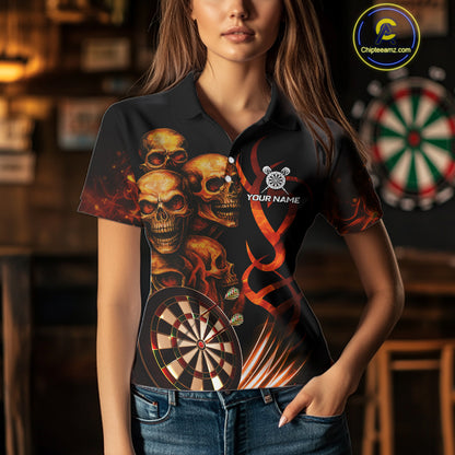 Custom Skull Fire Darts Jersey For Women, Black And Orange Darts Polo & Quarter Zip Team Shirt TDM4576