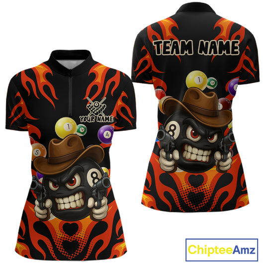 Personalized Red Funny Flame 8 Ball Billiard Shirt For Women Custom Pool Team Jersey Polo & 1/4 Zip TDM4782