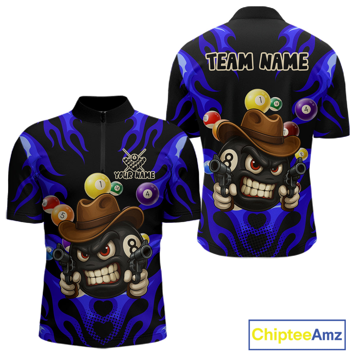 Personalized Blue Funny Flame 8 Ball Billiard Shirt For Men Custom Pool Team Jersey Polo & 1/4 Zip TDM4783