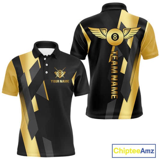 Black And Golden 8 Ball Wings Billiard Shirt For Men Custom Pool Team Jersey Polo & Quarter Zip TDM4203