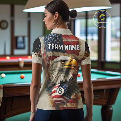 Personalized Patriotic Eagle 8 Ball Billiard Shirt For Women, Vintage American Flag Pool Team Jersey TDM4218