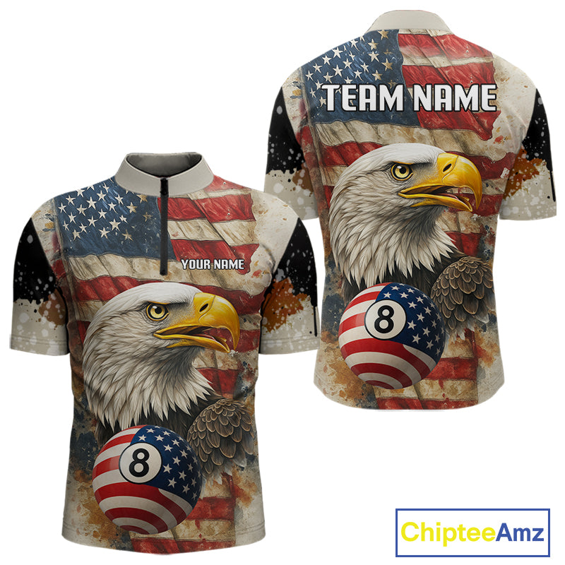 Personalized Patriotic Eagle 8 Ball Billiard Shirt For Men, Vintage American Flag Pool Team Jersey TDM4218