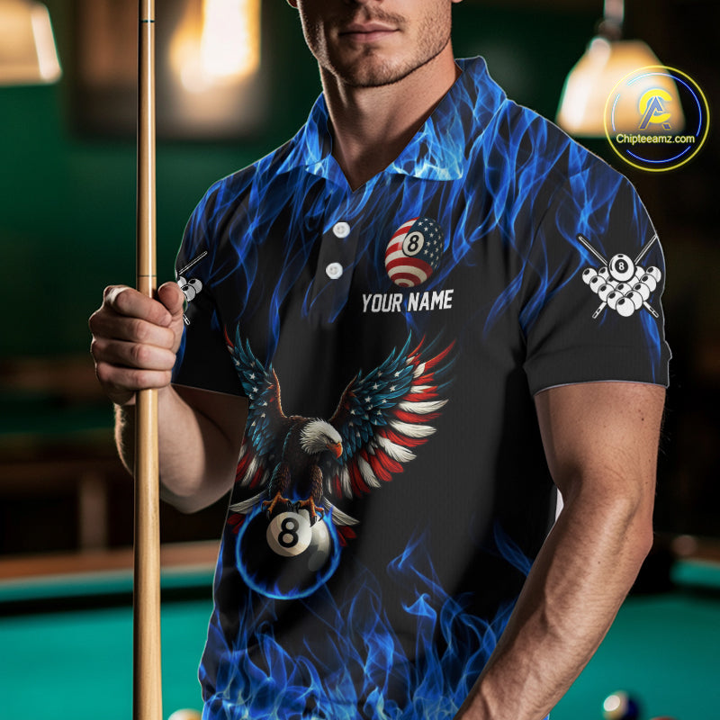 Blue Flaming American Flag Eagle 8 Ball Billiard Shirt For Men Custom Patriotic Pool Team Jersey TDM4328