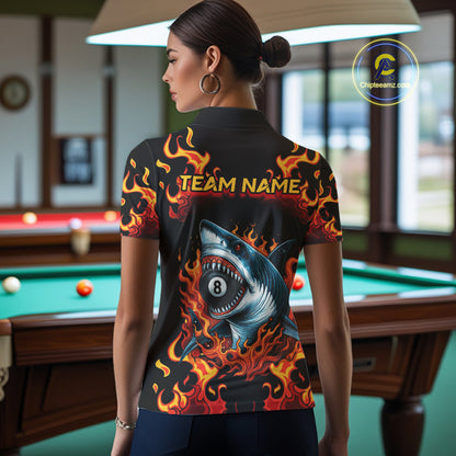 Customized Orange 8 Ball Pool Flame Shark Billiard Shirt For Women, Pool Team Jersey Polo & 1/4 Zip TDM4394