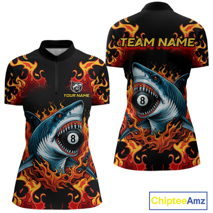 Customized Orange 8 Ball Pool Flame Shark Billiard Shirt For Women, Pool Team Jersey Polo & 1/4 Zip TDM4394