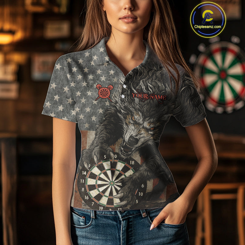 Personalized Vintage American Flag Wolf Darts Shirt For Women, Patriotic Dart Team Jerseys TDM4243