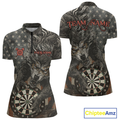 Personalized Vintage American Flag Wolf Darts Shirt For Women, Patriotic Dart Team Jerseys TDM4243