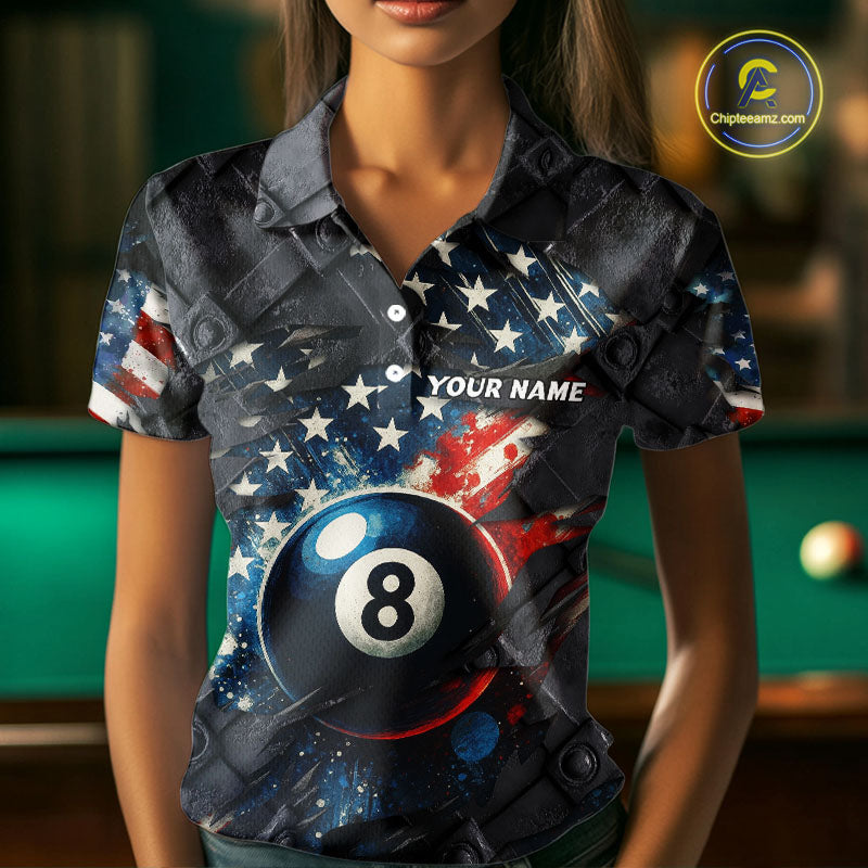 Personalized Grunge American Flag 8 Ball Billiard Shirt For Women Custom Patriotic Pool Team Jersey TDM4419