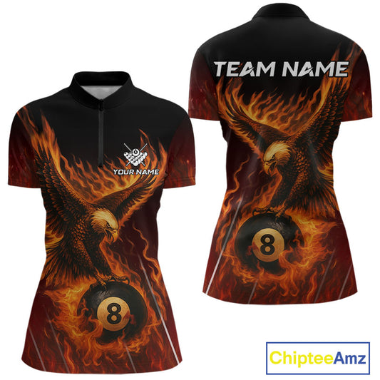 Customized Orange 8 Ball Fire Flame Eagle Billiard Shirt For Women, Pool Team Jersey Polo & 1/4 Zip TDM4427