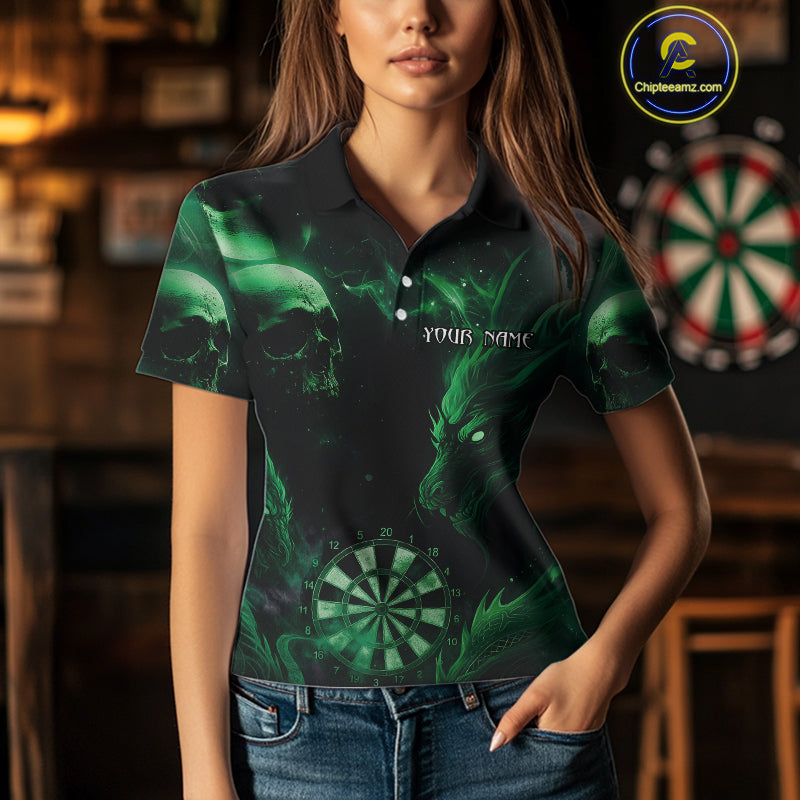 Black Green Custom Dragon Darts Shirt For Women, Darts Jersey Pocket Option TDM4448