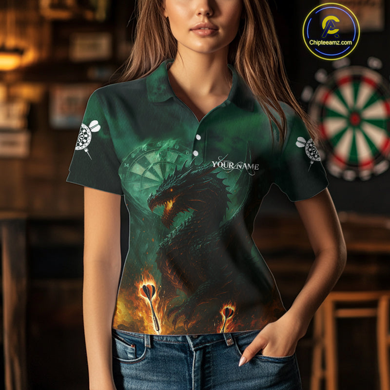 Personalized Fiery Arrow Dragon Green Darts Shirt For Women Custom Darts Jersey Team Polo & 1/4 Zip TDM4450