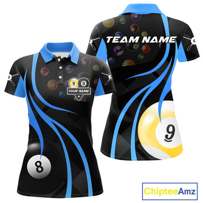 Personalized Billiard 8 Ball & 9 Ball Pool Shirt For Women, Billiard Jersey Team Polo & 1/4 Zip|Blue TDM4456