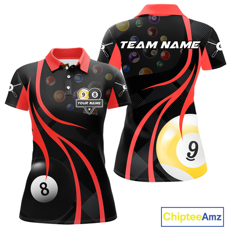 Personalized Billiard 8 Ball & 9 Ball Pool Shirt For Women, Billiard Jersey Team Polo & 1/4 Zip|Red TDM4457