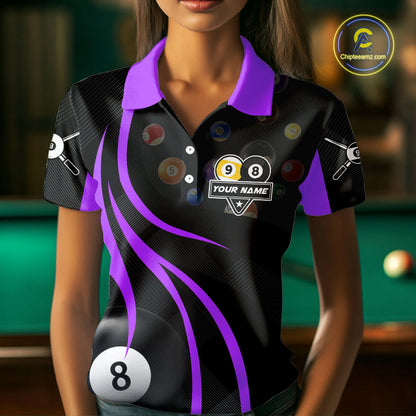 Customized Billiard 8 Ball & 9 Ball Pool Shirt For Women, Billiard Team Jersey Polo & 1/4 Zip|Purple TDM4458
