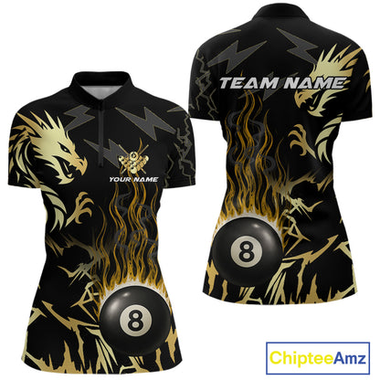Black And Gold Flame 8 Ball Pool Shirt For Women Custom Dragon Billiards Team Jersey Polo & 1/4 Zip TDM4103