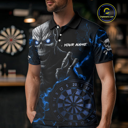 Personalized Skull Darts Polo & Quarter Zip For Men Custom Fire Darts League Team Jersey |Blue TDM4719