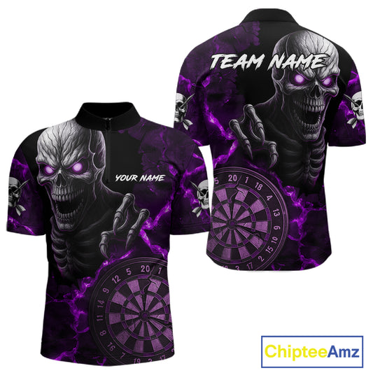 Personalized Skull Darts Polo & Quarter Zip For Men Custom Fire Darts League Team Jersey |Purple TDM4720