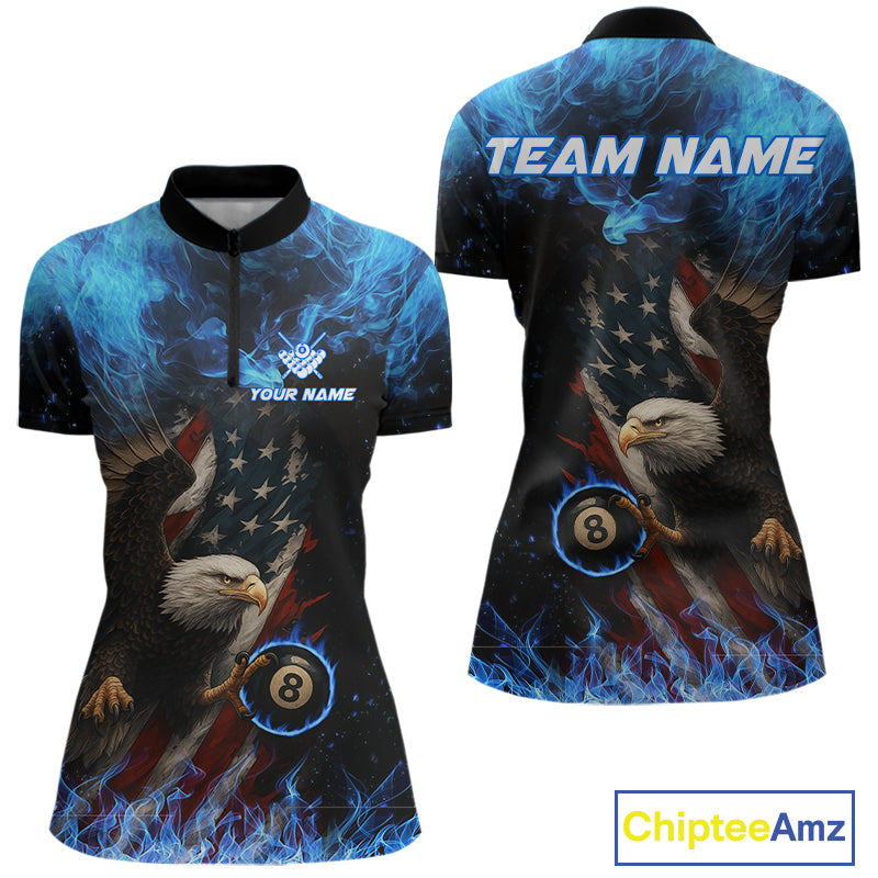 Blue Flaming American Flag Eagle Billiard Shirt For Women Custom 8 Ball Pool Jersey Polo & 1/4 Zip TDM4298