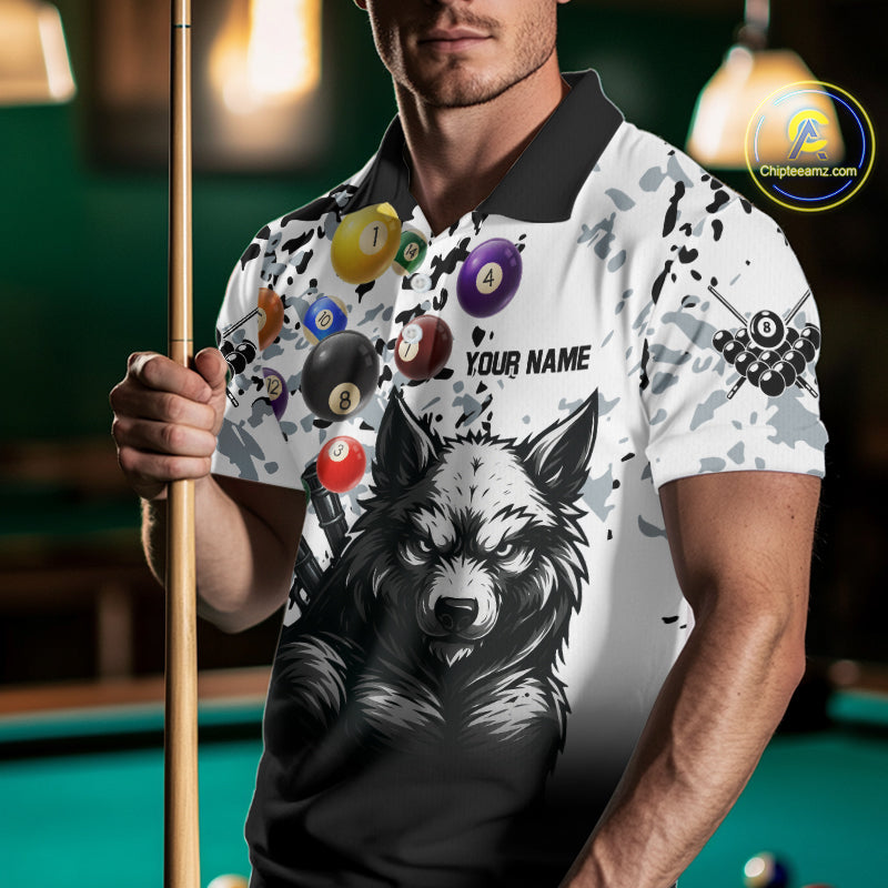 Personalized Grunge White Black Funny Wolf Billiard Shirt For Men Custom Pool Balls Team Jersey TDM4495