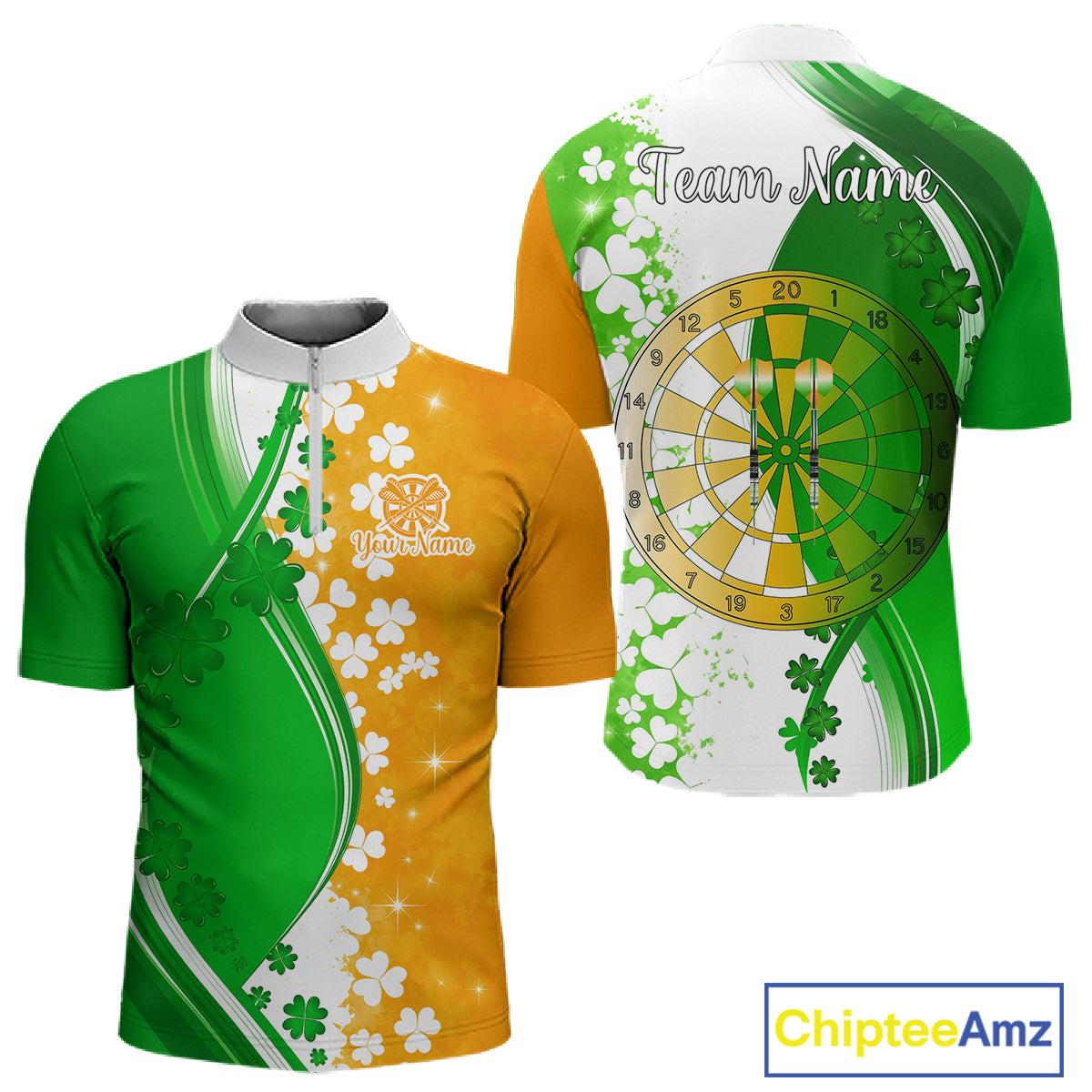 Green And Orange Glowing Shamrock Luckiest Dart Shirts For Men Custom St Patrick Day Darts Jersey TDM4750