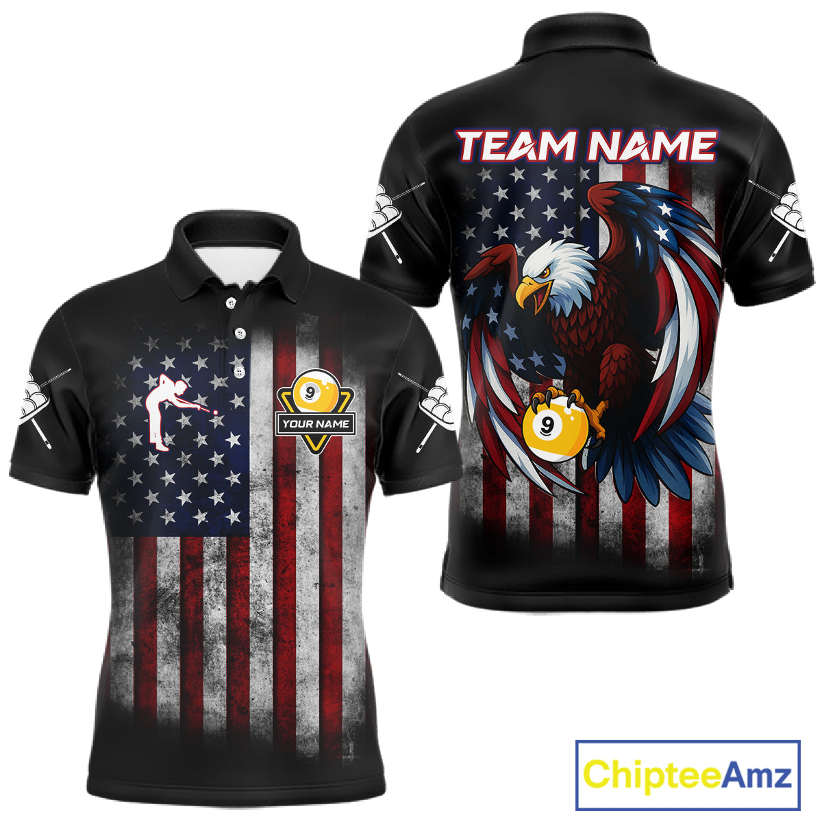 Grunge American Flag Eagle 9 Ball Billiard Polo & 1/4 Zip Custom Men's Patriotic Pool Team Jersey TDM4516