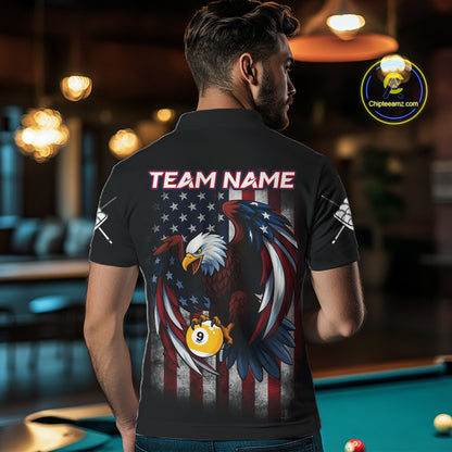 Grunge American Flag Eagle 9 Ball Billiard Polo & 1/4 Zip Custom Men's Patriotic Pool Team Jersey TDM4516
