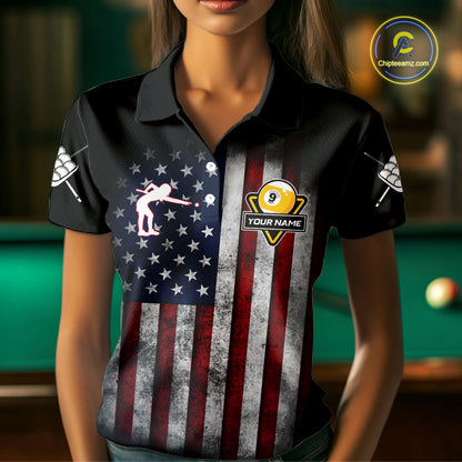 Grunge American Flag Eagle 9 Ball Billiard Polo & 1/4 Zip Custom Women's Patriotic Pool Team Jersey TDM4516