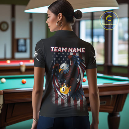 Grunge American Flag Eagle 9 Ball Billiard Polo & 1/4 Zip Custom Women's Patriotic Pool Team Jersey TDM4516