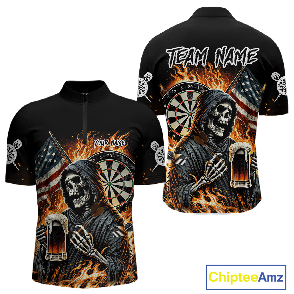 Flaming Grim Reaper Beer Darts Shirt Custom US Flag Darts Polo & Quarter Zip Jerseys For Women TDM4526