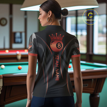 Black And Red 8 Ball Crown Tribal Billiard Shirt For Women Custom Pool Team Jersey Polo & 1/4 Zip TDM4416