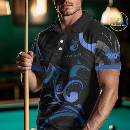 Black And Blue 8 Ball Crown Tribal Billiard Shirt For Men Custom Pool Team Jersey Polo & 1/4 Zip TDM4417