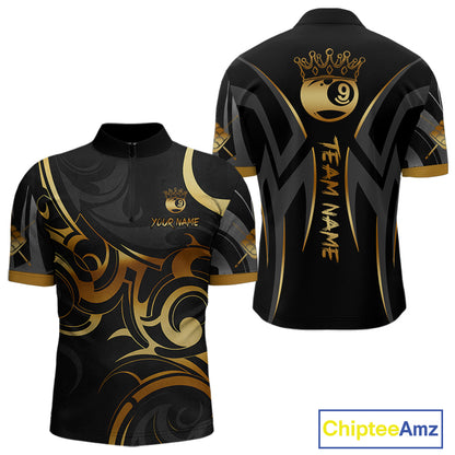 Black And Gold 9 Ball Crown Tribal Billiard Shirt For Men Custom Pool Team Jersey Polo & 1/4 Zip TDM4418
