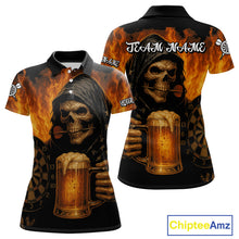 Load image into Gallery viewer, Personalized Funny Grim Reaper &amp; Beer Fire Darts Shirt For Women, Dart Jersey Team Polo &amp; 1/4 Zip TDM4486