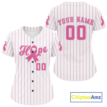 Pink Ribbon Pinstripe Baseball Jersey Custom Breast Cancer Awareness Baseball Shirt For Women NYN0874