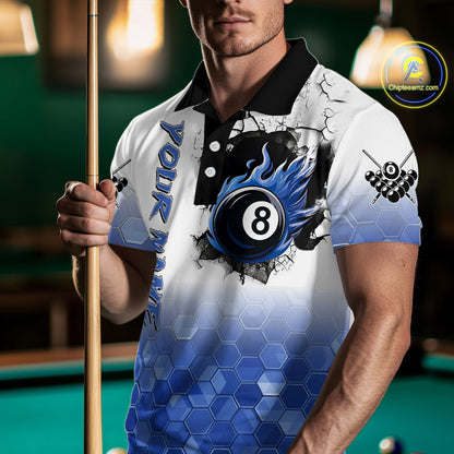 Custom White And Blue Hexagon 8 Ball Flame Billiard Shirt For Men, Funny Pool Team Jersey TDM4552