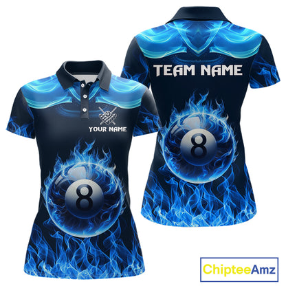 Blue Flaming 8 Ball Pool Billiard Shirts For Women Custom Polo & Quarter Zip Billiard Team Jerseys TDM3999