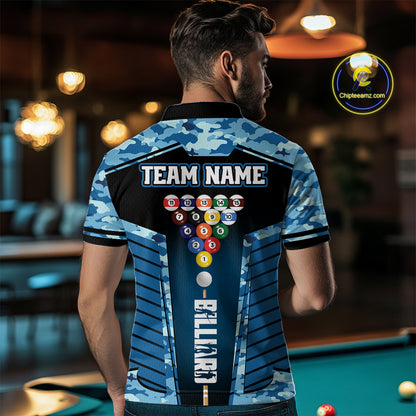 Custom Blue Camouflage 8 Ball Pool Billiard Shirt For Men, Billiard Jersey Outfit, Pool Team Shirt TDM4205