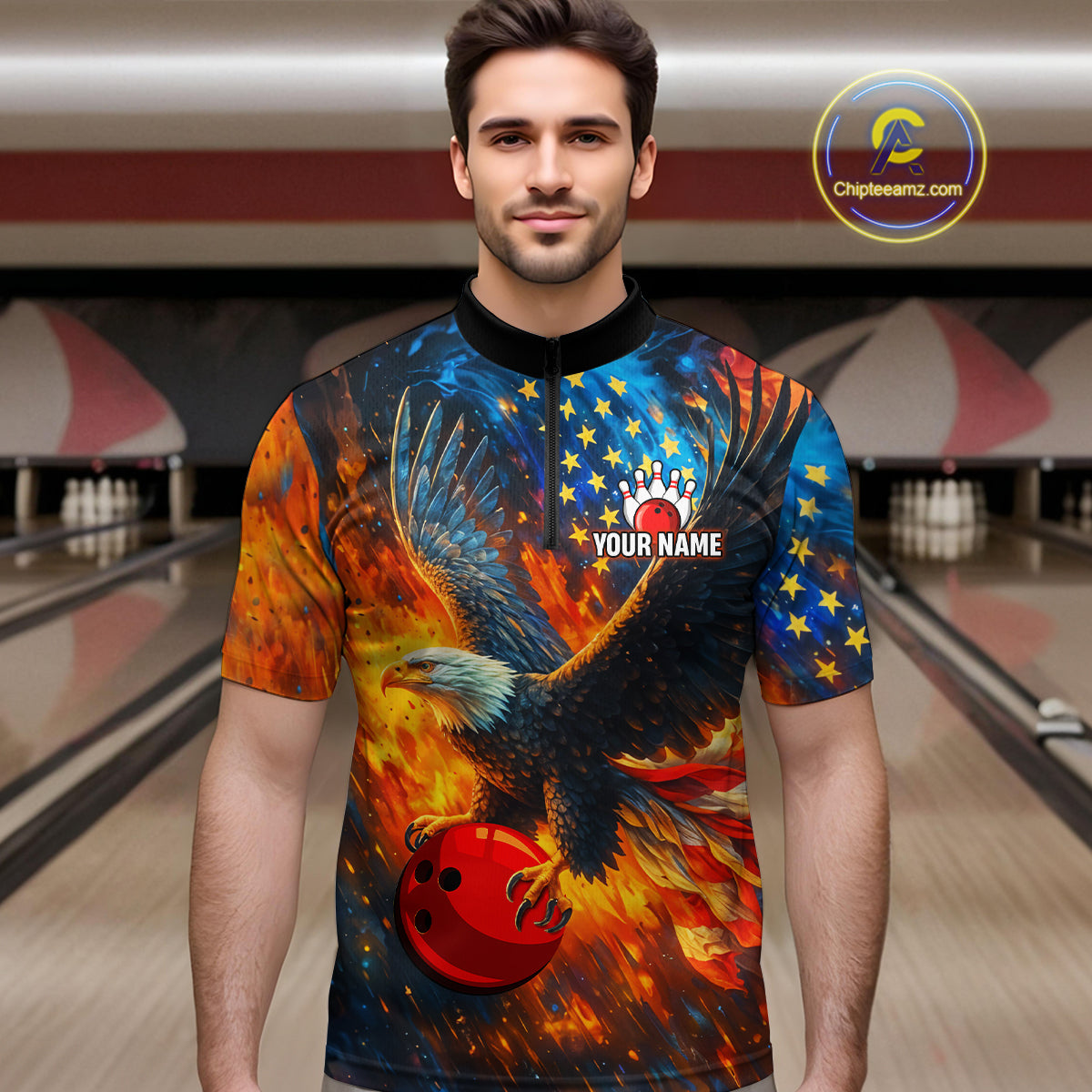 Personalized Orange Flaming American Flag Bowling Shirt For Men Custom Eagle Bowling Team Jersey TDM4642