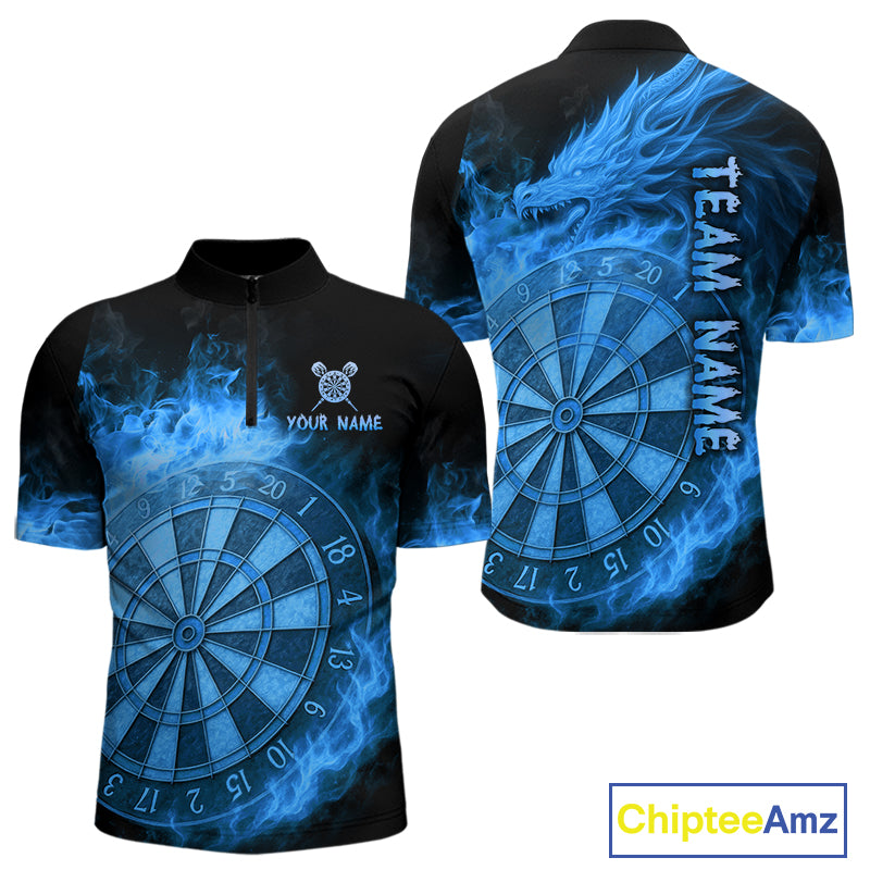 Personalized Blue Dartboard Dragon Flame Darts Shirt For Men Custom Dart Jerseys Polo & 1/4 Zip TDM4070