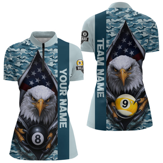 Blue Camo American Flag Eagle 8 Ball & 9 Ball Pool Jersey For Women Custom Billiard Team Shirt TDM4660