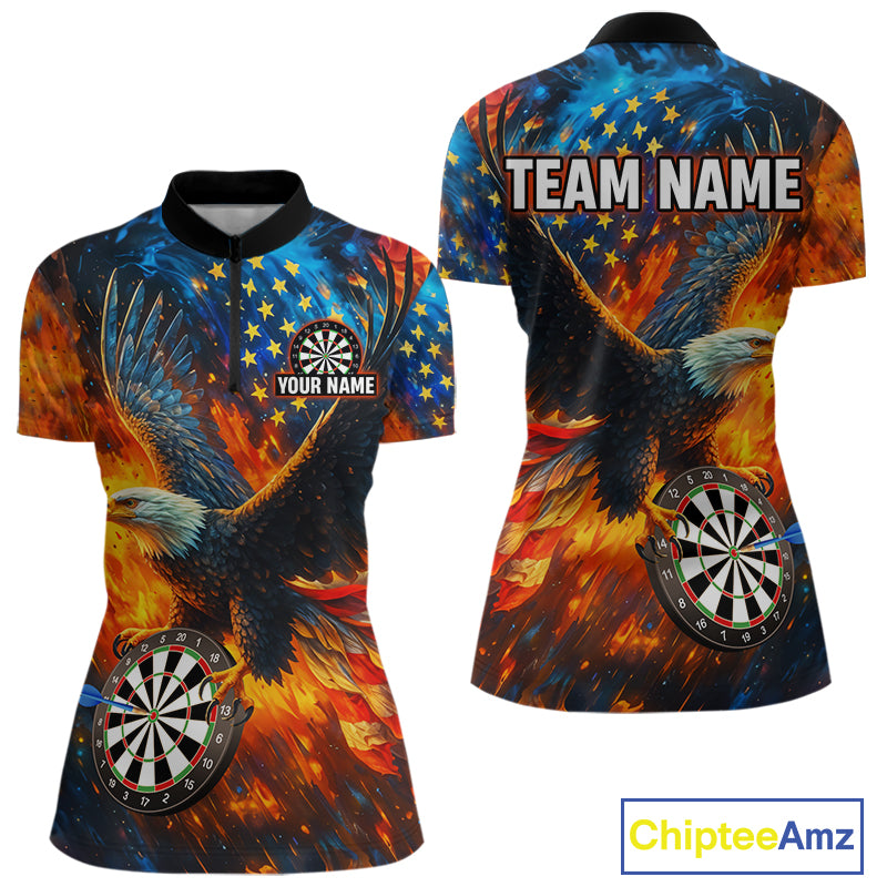 Personalized Orange Flaming US Flag Eagle Darts Shirt For Women, Patriotic Darts Team Jerseys TDM4438