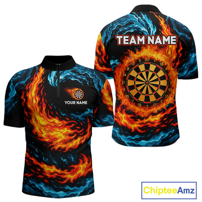 Personalized Blue And Orange Flame Darts Shirt For Men | Custom Storm Fire Team Darts Jersey TDM4274