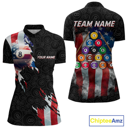 American Flag 8 Ball Billiard Shirts For Women Custom Pool Team Jerseys Polo & Quarter Zip TDM3966