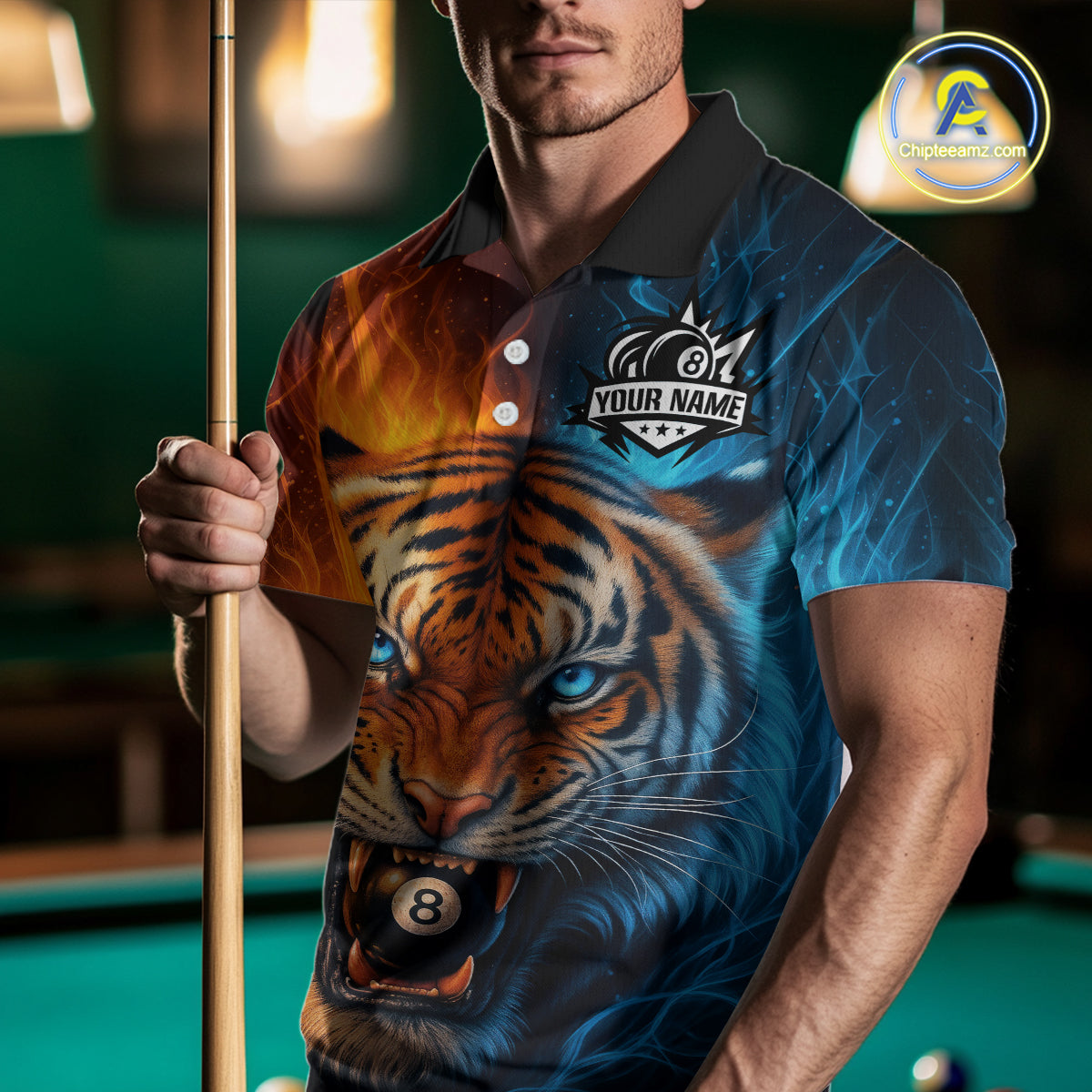 Blue And Orange 8 Ball Pool Tiger Fire Billiard Shirt For Men Custom Billiard Team Jersey Outfit TDM4543