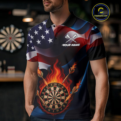Personalized Flaming Dartboard American Flag Darts Shirt For Men Custom Patriotic Dart Team Jersey TDM4682