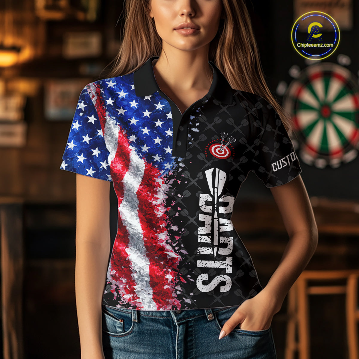 Grunge American Flag Darts Shirt For Women Custom Darts Jersey Pocket Option TDM5890