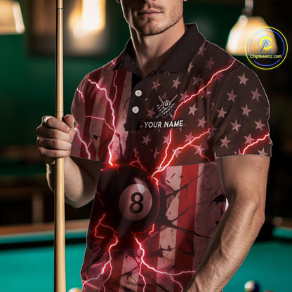 Red 8 Ball Lightning American Flag Billiard Shirt For Men Custom Patriotic Pool Team Jersey TDM5403
