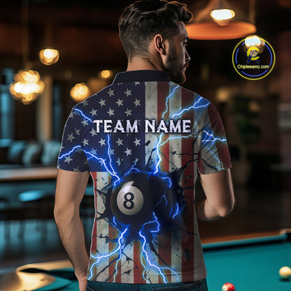 Blue 8 Ball Lightning American Flag Billiard Shirt For Men Custom Patriotic Pool Team Jersey TDM5404