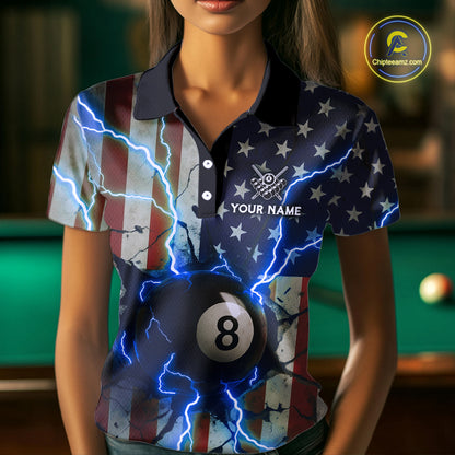 Blue 8 Ball Lightning American Flag Billiard Shirt For Women Custom Patriotic Pool Team Jersey TDM5404