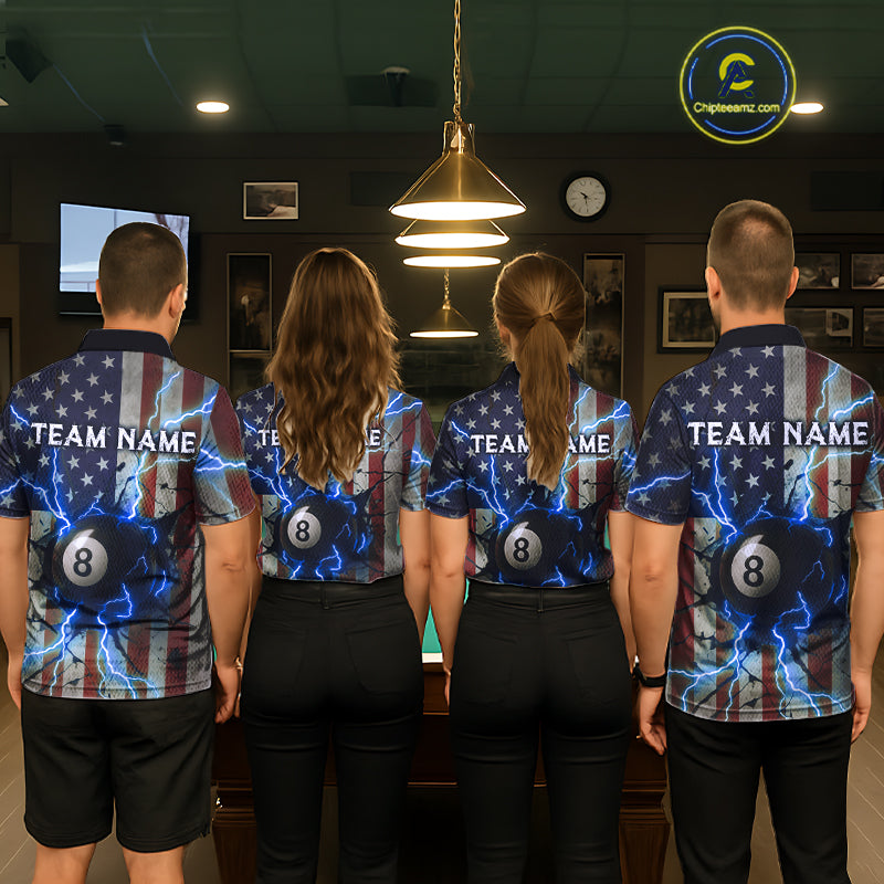 Blue 8 Ball Lightning American Flag Billiard Shirt For Women Custom Patriotic Pool Team Jersey TDM5404
